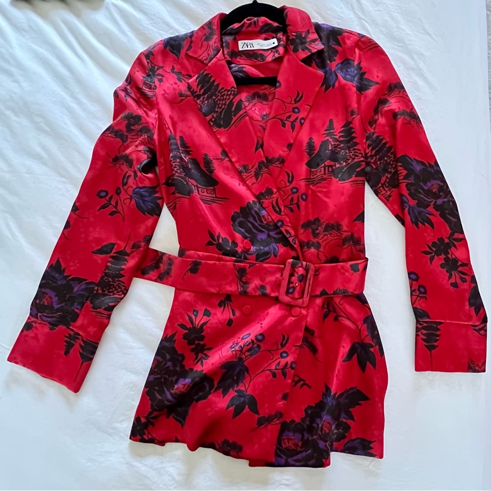 Zara Red Silk Blazer with Belt, Size Small